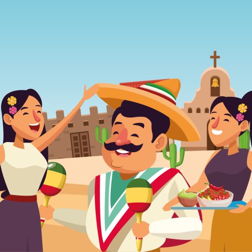 mexican traditional culture mariachis singer woman with flower in her hair and man with moustache, mexican hat and maracas avatar cartoon character in desert lanscape and cloudy sky with building and historic monuments vector illustration graphic design