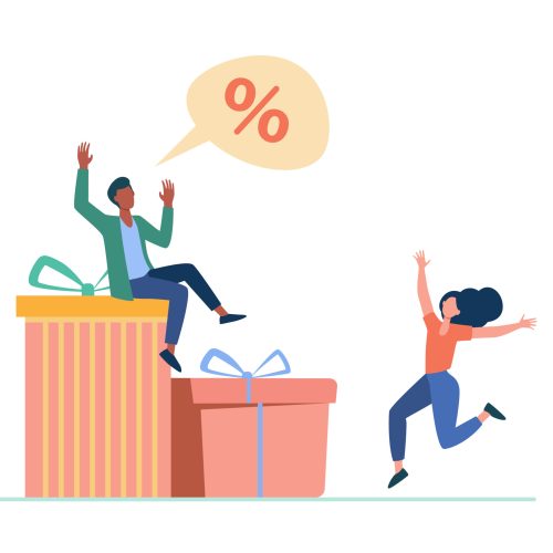 Customers celebrating discount season. Couple dancing at gift boxes, percent sign flat vector illustration. Sale, bonus, marketing concept for banner, website design or landing web page