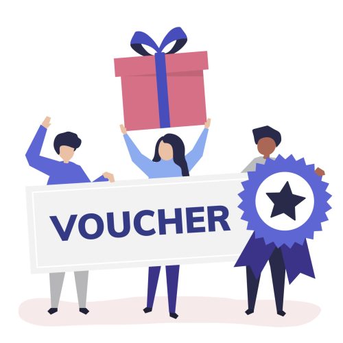 Character illustration of people holding voucher icons